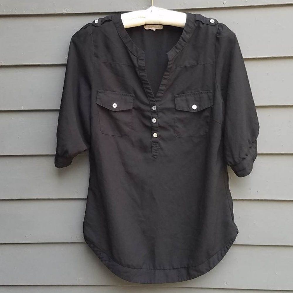 Hawthorne Black Sheer Rushed Short Sleeves Blouse Size Medium